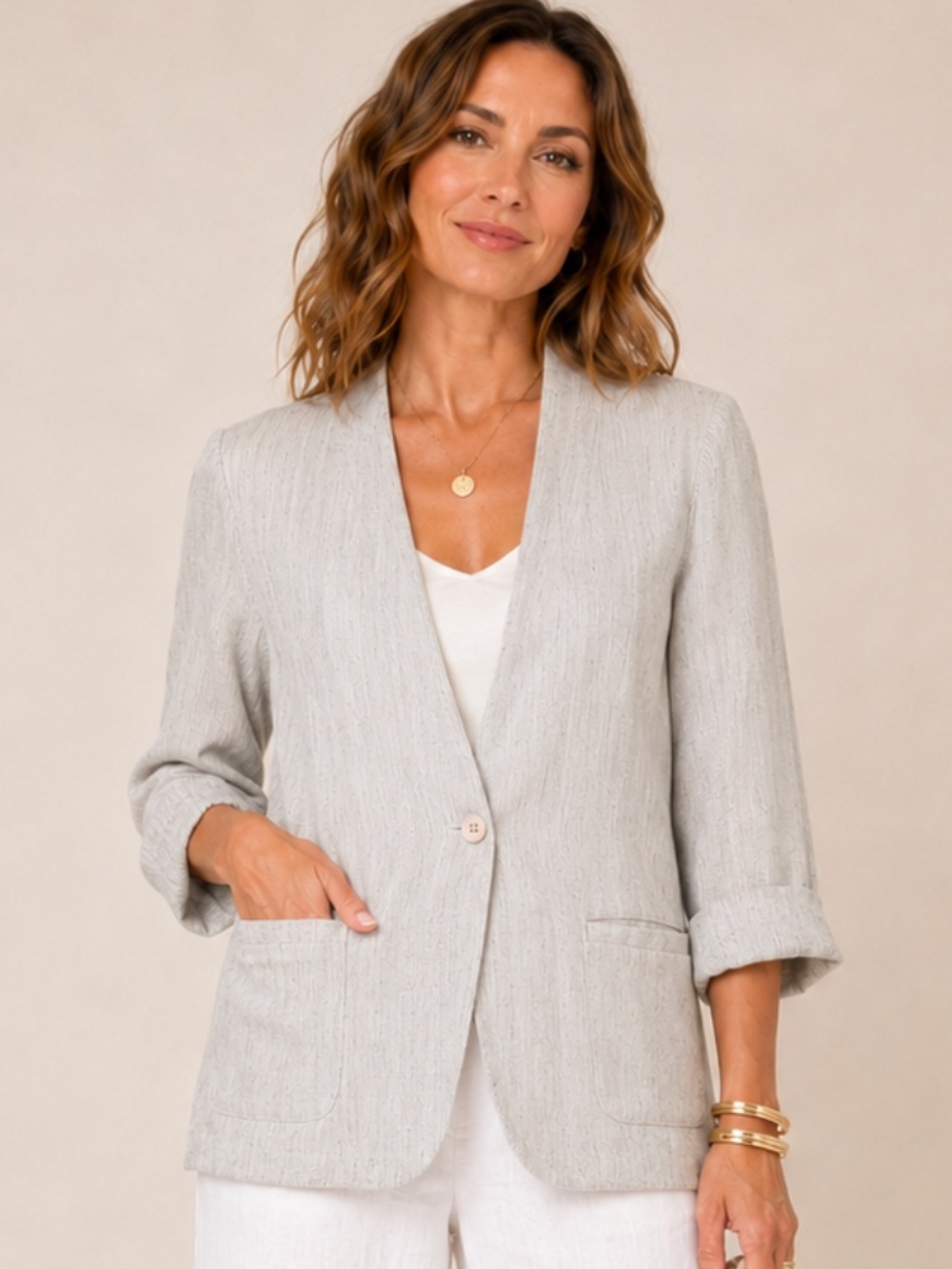 NWT NYDJ - Collarless Grey/White Linen Slub Stripe Blazer Jacket - SzM
